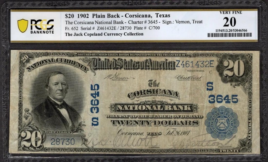 1902 $20 Corsicana TX National PCGS 20: One 1902 $20 Corsicana TX National PCGS 20.
