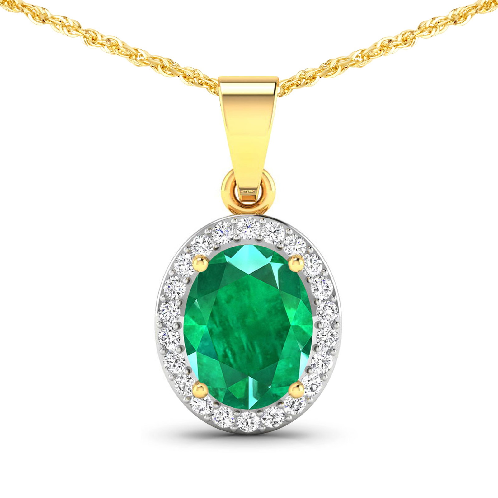14KT Yellow Gold 1.65ctw Zambian Emerald and Diamond Pendant: Zambian Emerald (AA) Oval 9x7mm - 1Pc + White Diamond F/C Round 1.30mm - 22Pcs (I1-I2/I color) Total weight of gemstone is 1.65cts. Total Diamond weight is 0.22cts. Total weight of this pendant is 1.6