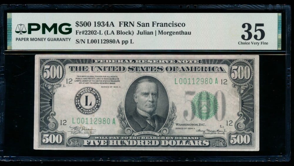 1934A $500 San Francisco FRN PMG 35: One 1934A $500 San Francisco FRN PMG 35.