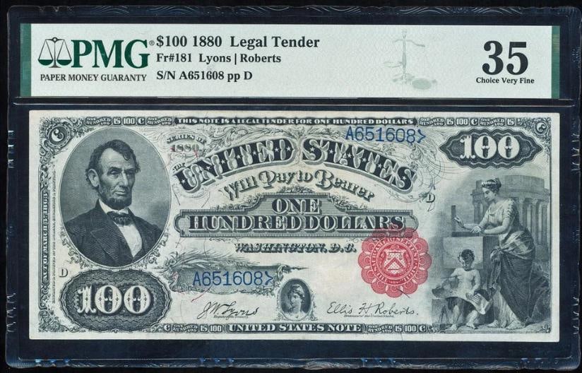 1880 $100 Legal Tender Note PMG 35: One 1880 $100 Legal Tender Note PMG 35.