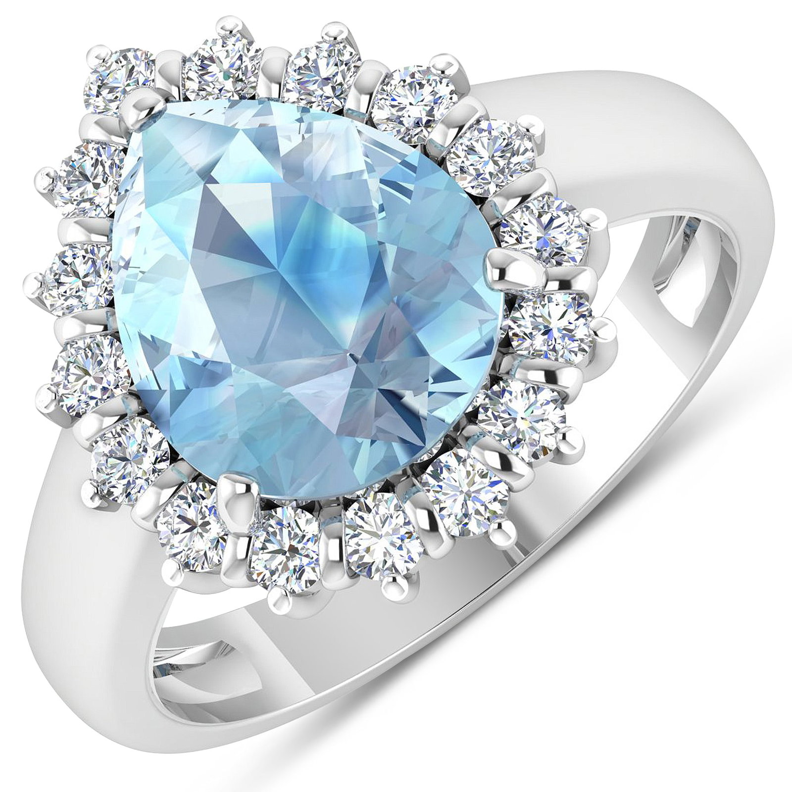 14KT White Gold 2.3ct Aquamarine and Diamond Ring: Aquamarine (AA+) Pears 11x9mm - 1Pc + White Diamond F/C Round 2.00mm - 16Pcs ( Diamond Quality : SI-2/HI ). Total weight of gemstone is 2.3cts. Total weight of Diamonds is 0.48cts. Total weight of thi