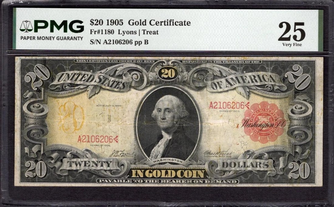 1905 $20 Gold Certificate PMG 25: One 1905 $20 Gold Certificate PMG 25.