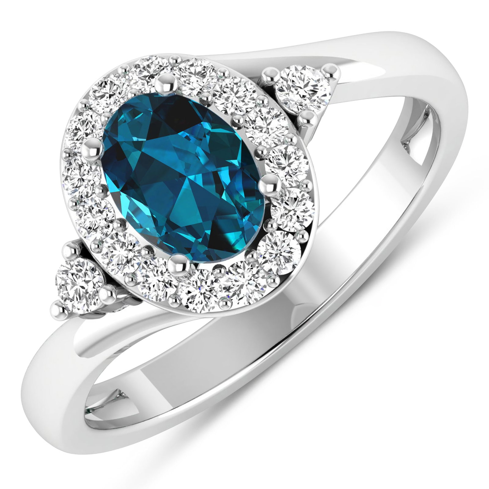 14KT White Gold 0.7ctw London Blue Topaz and Diamond Ring: London Blue Topaz Oval 7x5mm - 1Pc + White Diamond F/C Round 2.00mm - 2Pcs + White Diamond F/C Round 1.50mm - 15Pcs (I1-I2/I color) Total weight of gemstone is 0.7cts. Total Diamond weight is 0.27cts.