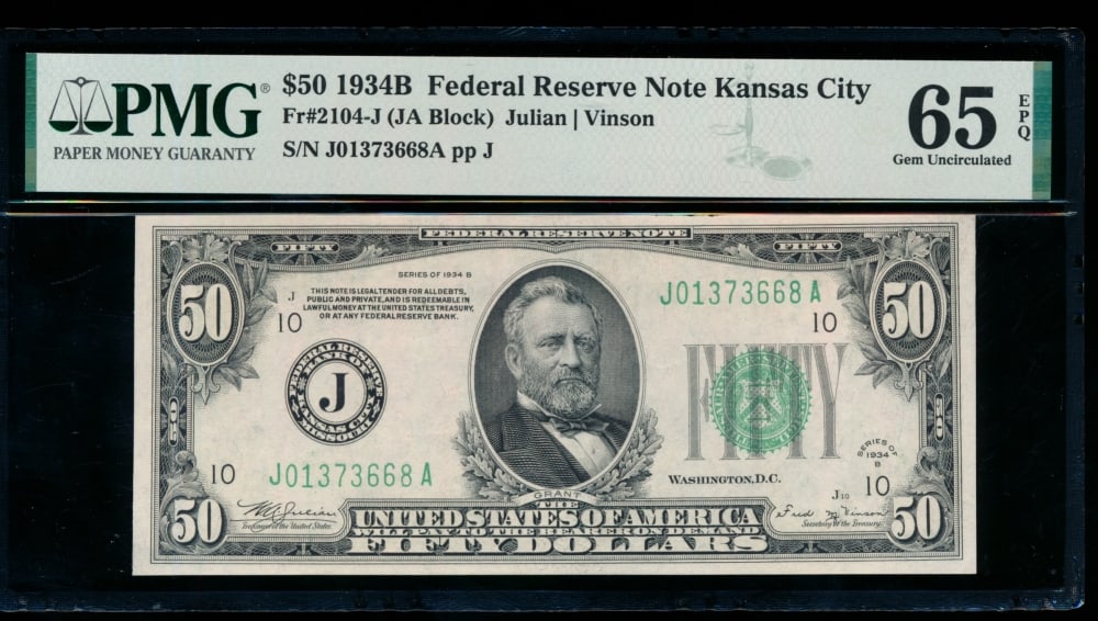 1934B $50 Kansas City FRN PMG 65EPQ: One 1934B $50 Kansas City FRN PMG 65EPQ.