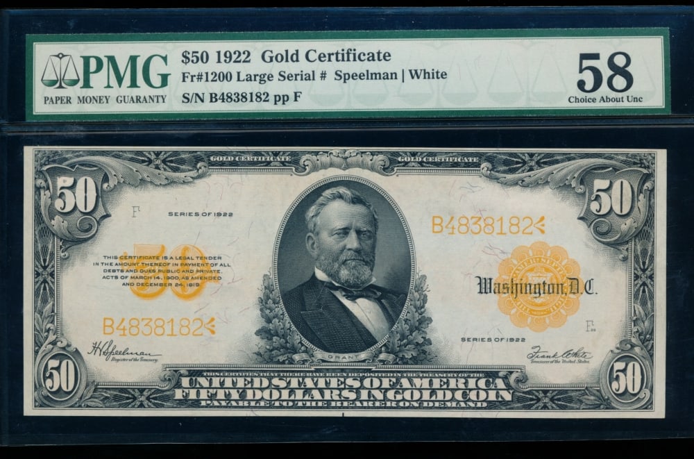 1922 $50 Gold Certificate PMG 58: One 1922 $50 Gold Certificate PMG 58.