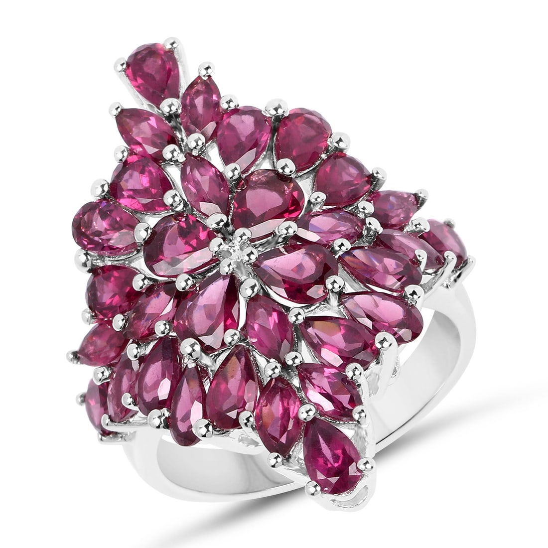 Sterling Silver 7.52ctw Rhodolite Ring: Natural rhodolite garnets defines this rhodium?plated .925 sterling silver ring, arranged in a mix of pear and marquise shapes for a deep red, petal?like spread. Four 5?4?mm pears (1.40?ctw), sixteen 