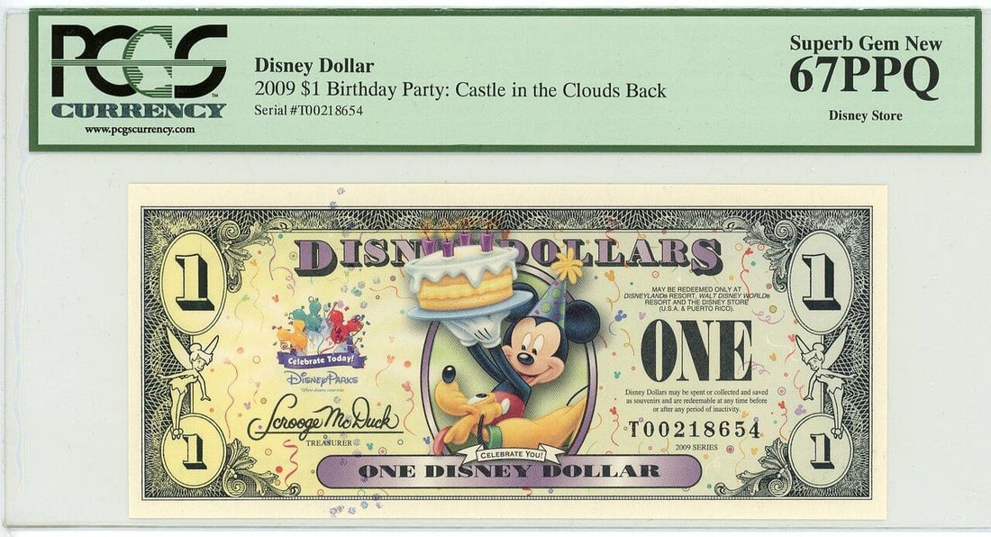 2009 $1 Mickey Birthday Party Disney Dollar PCGS 67PPQ (1 of 2)