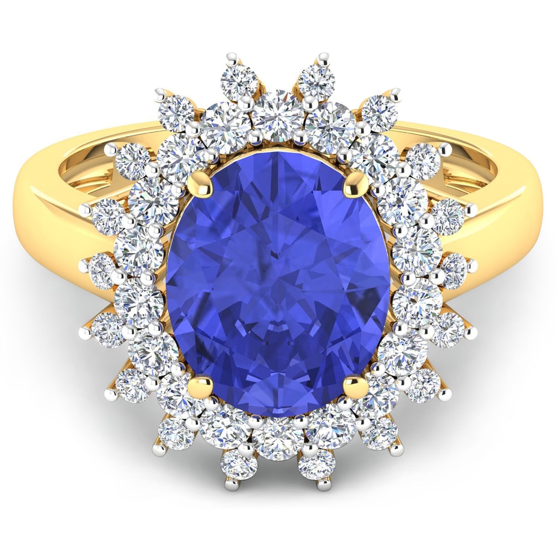 14KT Yellow Gold 3.43ct Tanzanite and Diamond Ring: 1 Tanzanite stone with a total weight of 3.43cts. Tanzanite (AA+) Oval 11x9mm - 1Pc + White Diamond F/C Round 2.00mm - 18Pcs + White Diamond F/C Round 1.50mm - 18Pcs ( Diamond Quality : SI-2/HI ). Tot