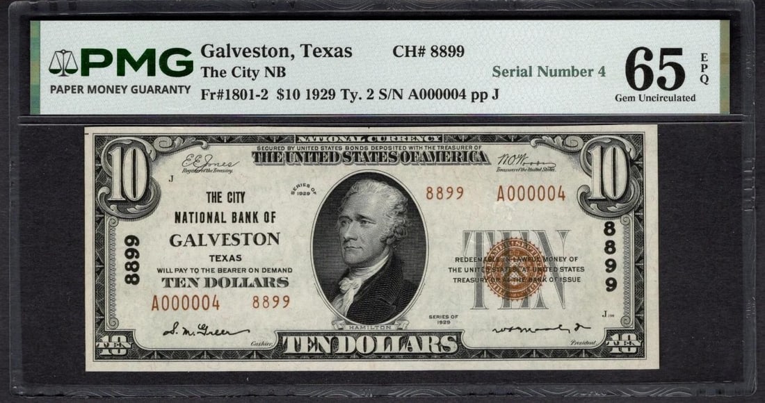 1929 $10 Serial 4 Galveston TX National PMG 65EPQ: One 1929 $10 Serial 4 Galveston TX National PMG 65EPQ.