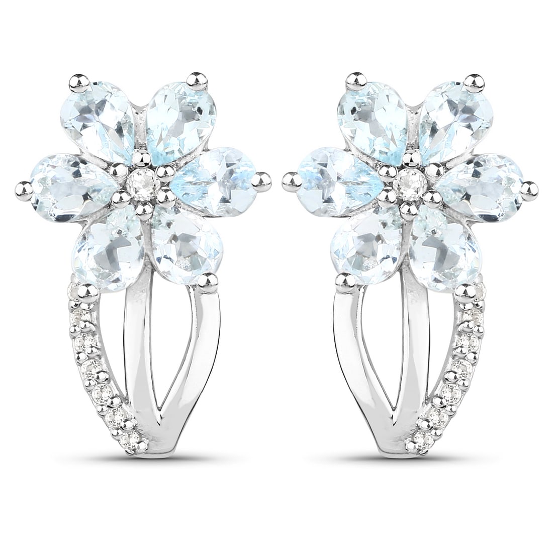 Plated Rhodium 1.54ctw Aquamarine and White Topaz Earrings: 1.54 Carat Genuine Aquamarine and White Topaz .925 Sterling Silver Earrings. Aquamarine Pear/4x3mm - 12/1.44 ctw Prong Setting Natural Heat Treated E + White Topaz Round/1.50mm - 2/0.04 ctw Natural He