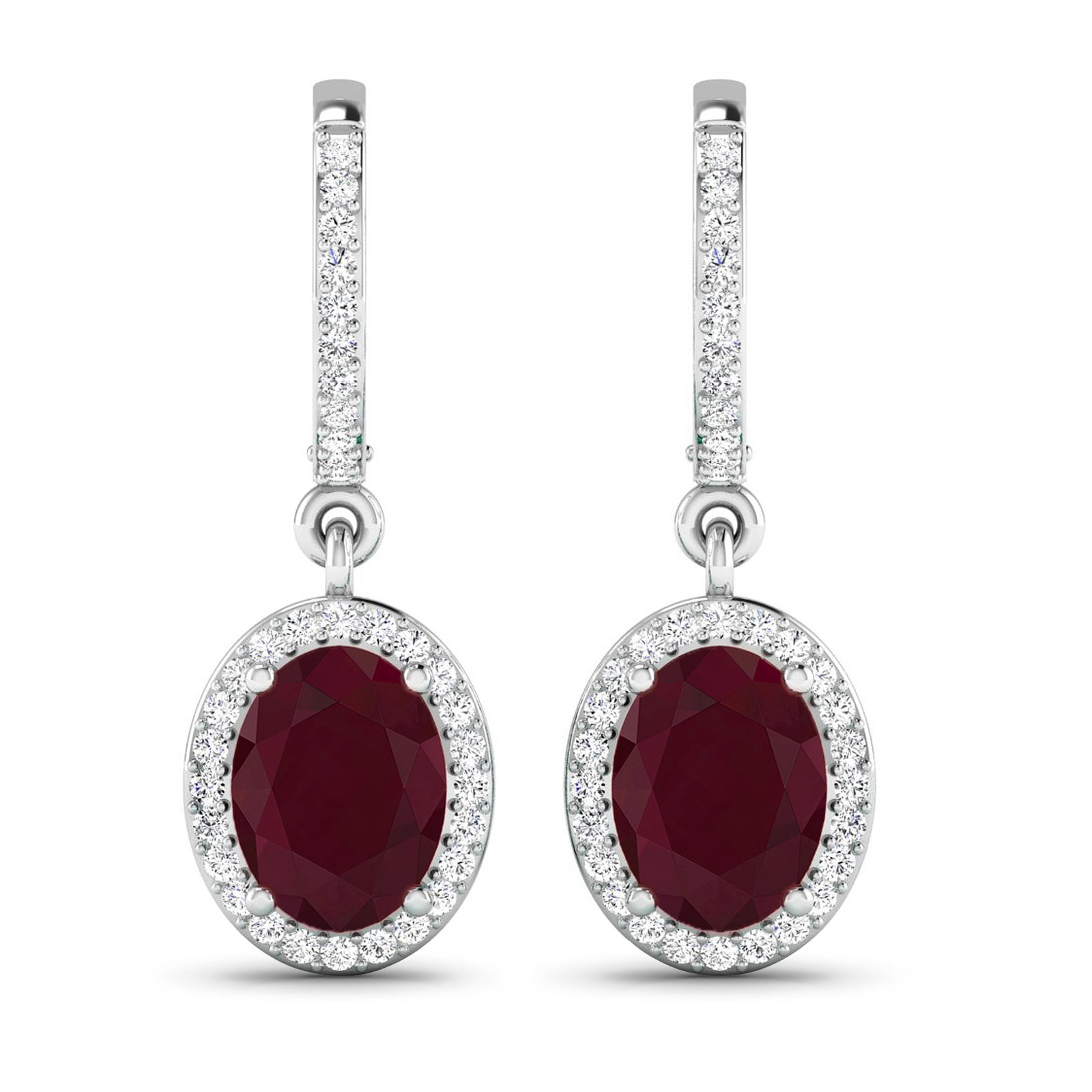 14KT White Gold 3ctw Ruby and Diamond Earrings: Ruby (AA) Oval 8x6mm - 2Pcs + White Diamond F/C Round 1.00mm - 70Pcs ( Clip On ) ( I1-I2/I color ) Total weight of gemstones is 3cts. Total Diamond weight is 0.32cts. Total weight of these earrings ar