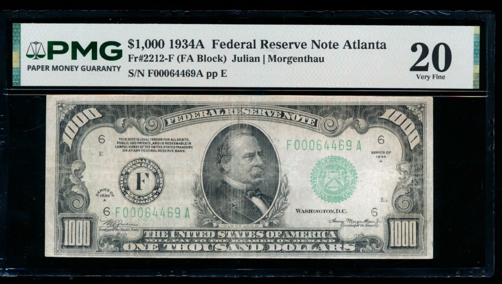 1934A $1000 Atlanta FRN PMG 20: One 1934A $1000 Atlanta FRN PMG 20.