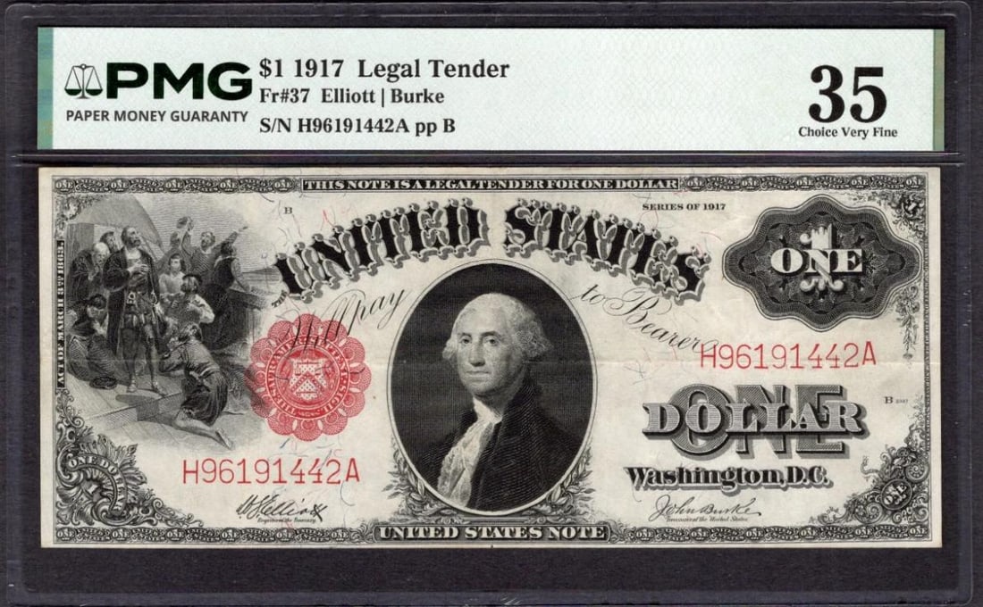 1917 $1 Legal Tender Note PMG 35: One 1917 $1 Legal Tender Note PMG 35.