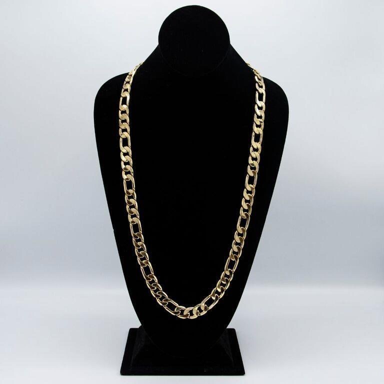 Huge 111.3 Gram 14Kt Gold Plate Figaro Link Necklace: Huge 111.3 Gram 14 Kt Gold Plated Figaro Link Chain Necklace. This Figaro 14 kt Italy stamped chain necklace is a fine solid Italian link cut. 30 inches long and a healthy 12 mm. thick. Shows like sol