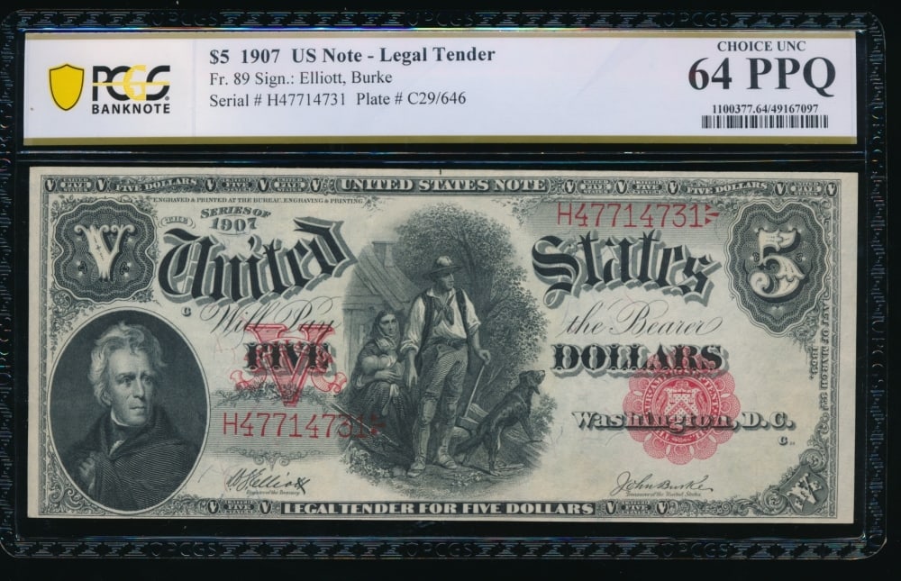 1907 $5 Legal Tender Note PCGS 64PPQ: One 1907 $5 Legal Tender Note PCGS 64PPQ.