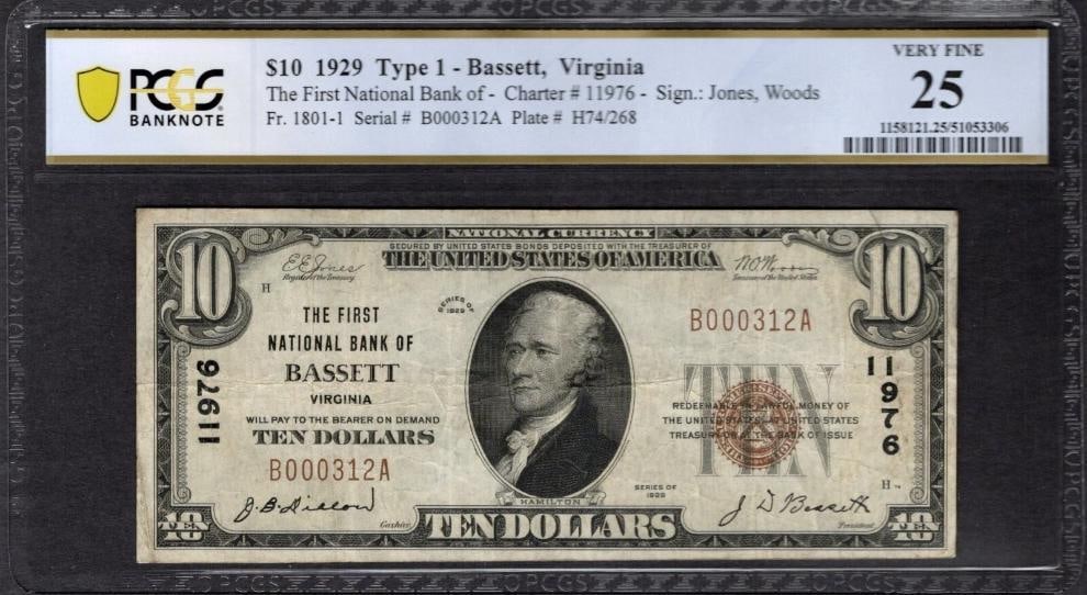 1929 $10 Bassett VA National PCGS 25: One 1929 $10 Bassett VA National PCGS 25.