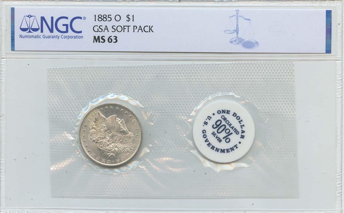 1885-O $1 Morgan Silver Dollar NGC MS63: One 1885-O $1 Morgan Silver Dollar NGC MS63.