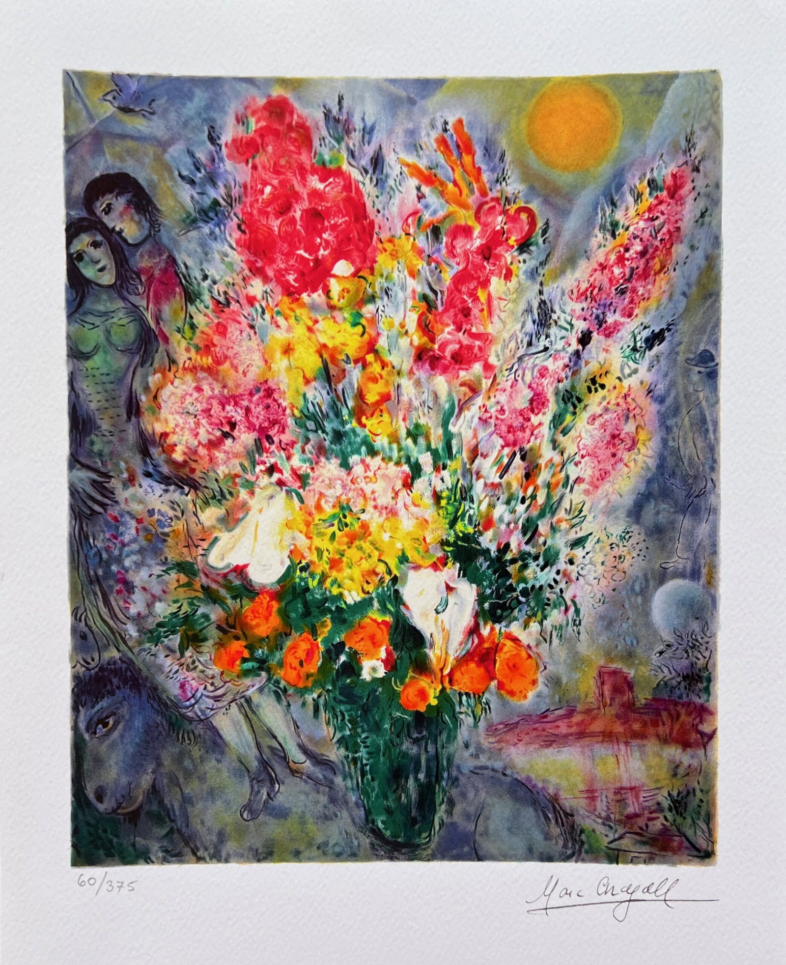 Marc Chagall FLORAL BOUQUET Facsimile Signed Limited Edition Giclee: This is a Marc Chagall limited edition giclee titled FLORAL BOUQUET. This subject is facsimile signed which means it has a copy of Chagalls signature. Numbered from a limited edition of 375. Image mea