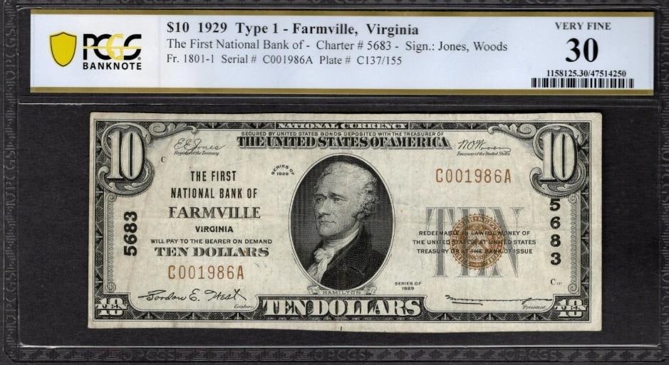 1929 $10 Farmville VA National PCGS 30: One 1929 $10 Farmville VA National PCGS 30.