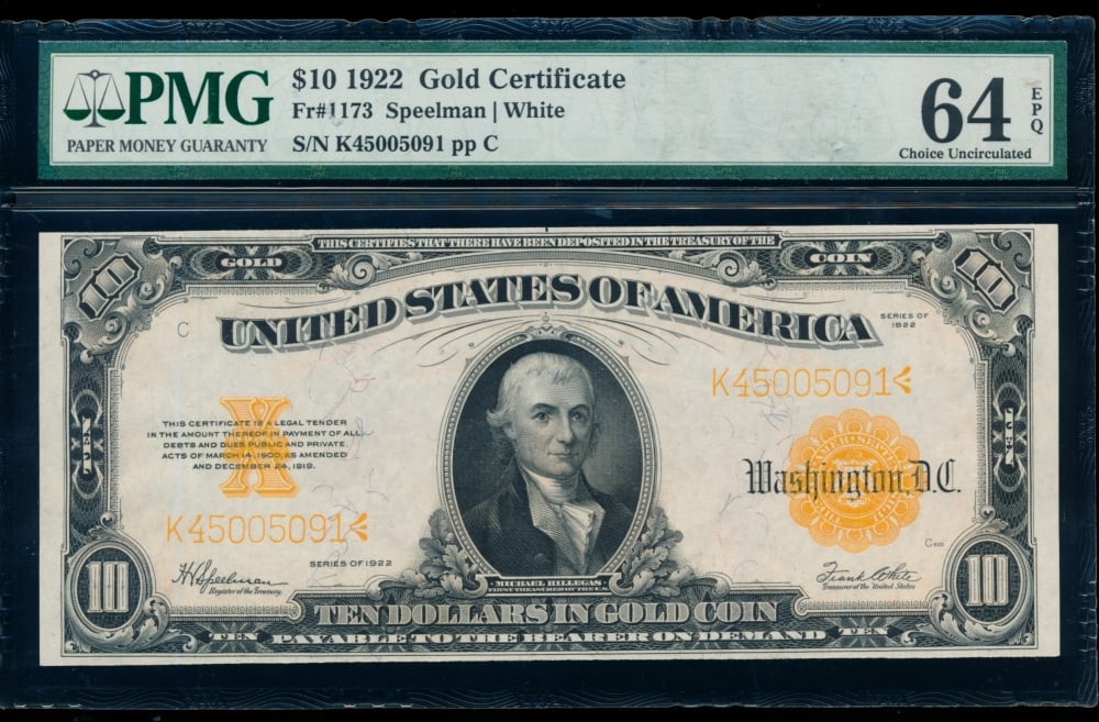 1922 $10 Gold Certificate PMG 64EPQ (1 of 2)