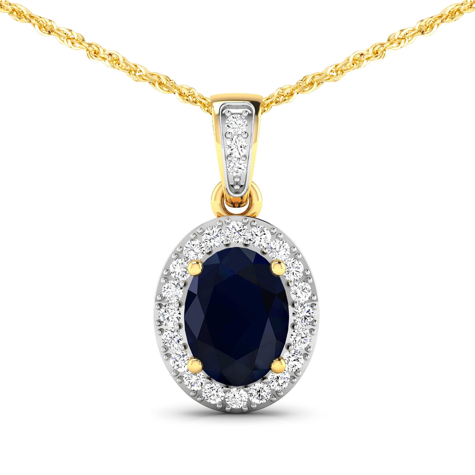 14KT Yellow Gold 1.30ct Blue Sapphire and Diamond Pendant with Chain: 1 Blue Sapphire stone with a total weight of 1.30cts. Blue Sapphire (AA) Oval 8x6mm - 1Pc + White Diamond F/C Round 1.20mm - 22Pcs + White Diamond F/C Round 1.10mm - 1Pc ( I1-I2/I color ). Diamonds