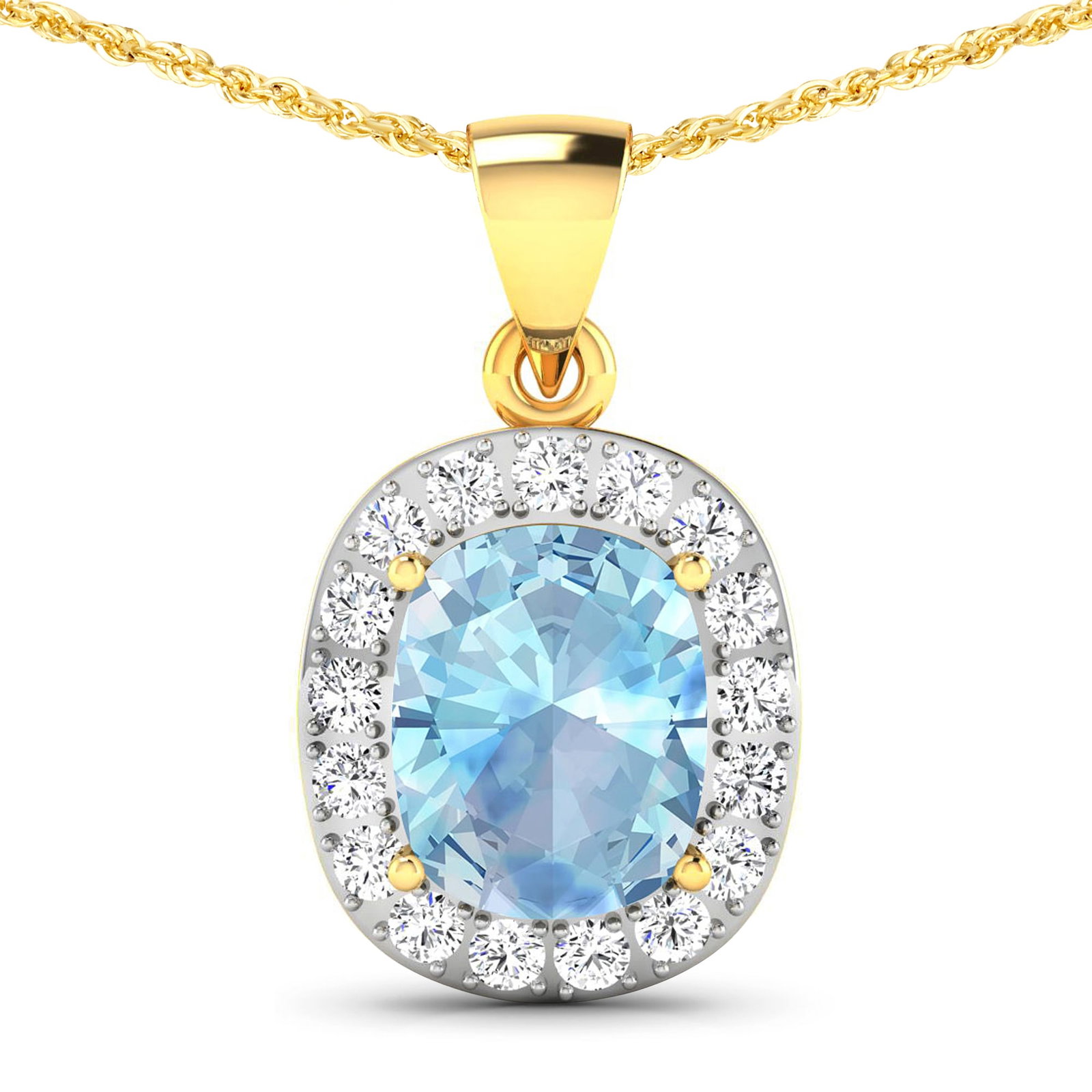14KT Yellow Gold 3ctw Aquamarine and Diamond Pendant: Aquamarine Cushion 10x8mm - 1Pc + White Diamond F/C Round 2.00mm - 17Pcs ( Diamond Quality : SI-2/HI ) Total weight of gemstone is 3cts. Total Diamond weight is 0.51cts. Total weight of this pendant i