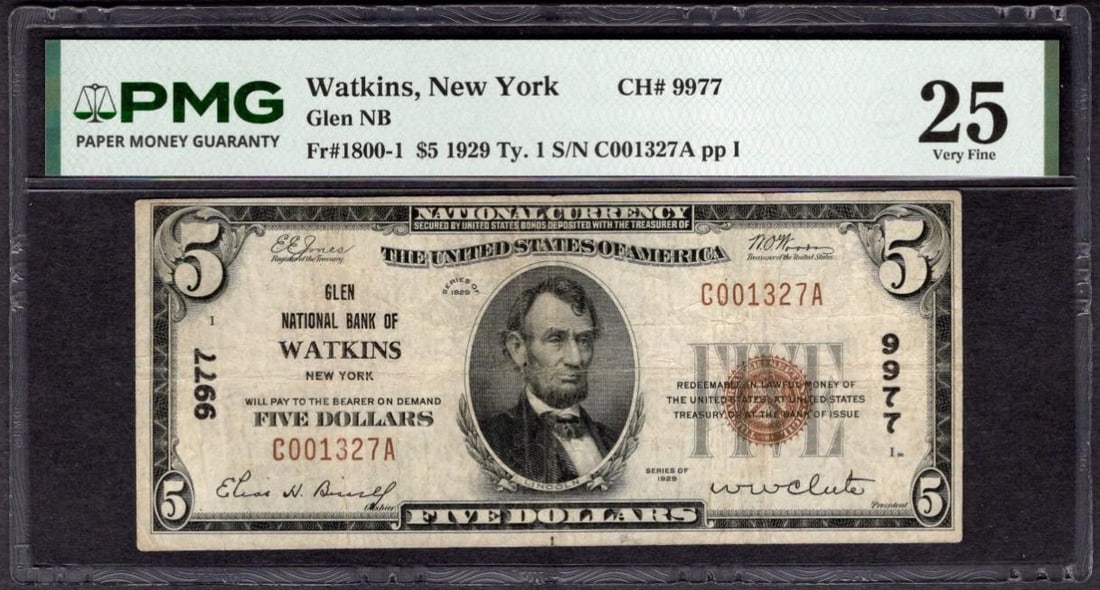 1929 $5 Watkins NY National PMG 25 (1 of 2)