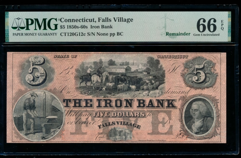 1850s $5 Falls Village CT Obsolete PMG 66EPQ (1 of 2)