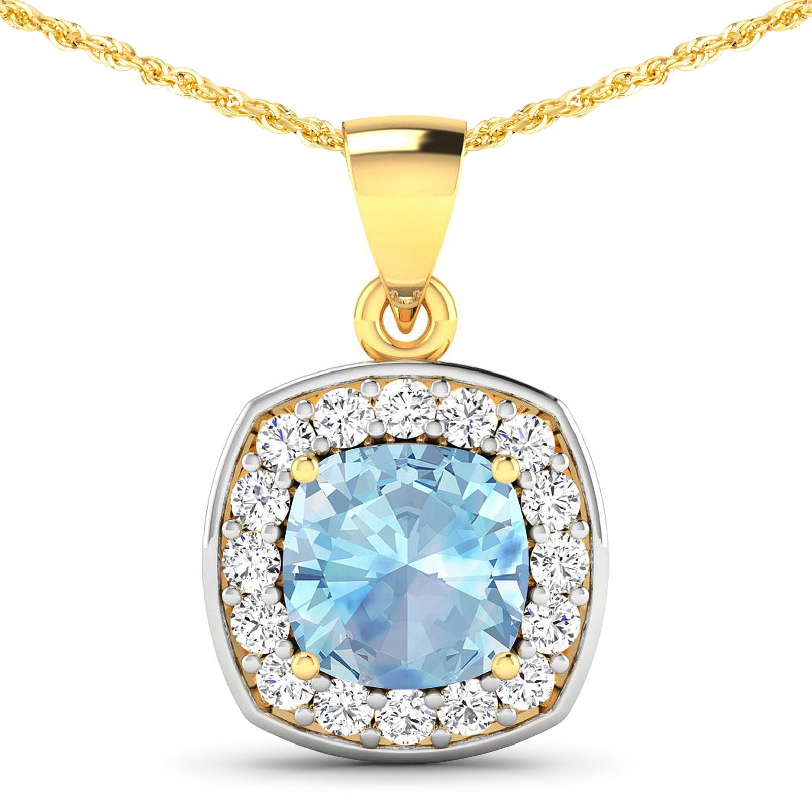 14KT Yellow Gold 1.70ct Aquamarine and Diamond Pendant with Chain: 1 Cushion cut Aquamarine stone with a total weight of 1.70cts. Aquamarine Cushion 8.00mm - 1Pc + White Diamond F/C Round 2.00mm - 16Pcs ( Diamond Quality : SI-2/HI ). Diamonds with a total weight of