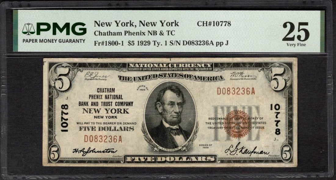 1929 $5 New York NY National PMG 25: One 1929 $5 New York NY National PMG 25.