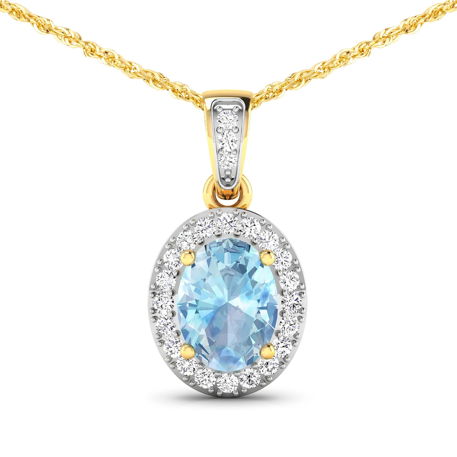 14KT Yellow Gold 0.96ct Aquamarine and Diamond Pendant with Chain: 1 Aquamarine stone with a total weight of 0.96cts. Aquamarine (AA+) Oval 8x6mm - 1Pc + White Diamond F/C Round 1.20mm - 22Pcs + White Diamond F/C Round 1.10mm - 1Pc ( I1-I2/I color ). Diamonds with a 