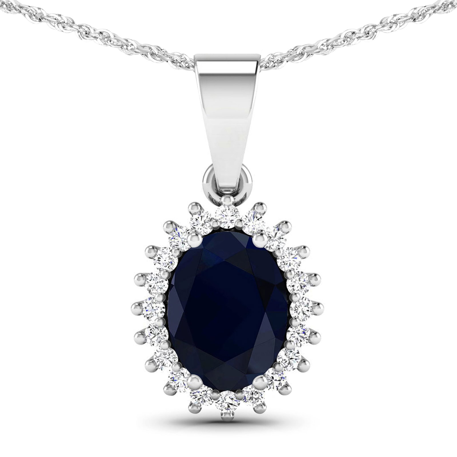 14KT White Gold 1.3ctw Blue Sapphire and Diamond Pendant: Blue Sapphire (AA) Oval 8x6mm - 1Pc + White Diamond F/C Round 1.10mm - 20Pcs (I1-I2/I color) Total weight of gemstone is 1.3cts. Total Diamond weight is 0.13cts. Total weight of this pendant is 1.5