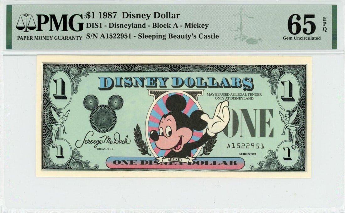 1987 $1 Mickey Dollar PMG 65EPQ: One 1987 $1 Mickey Dollar PMG 65EPQ.