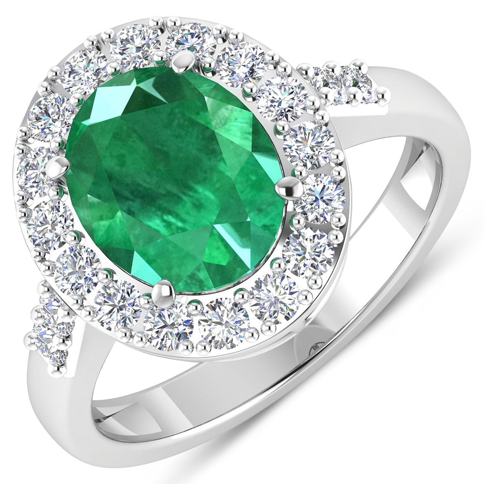 14KT White Gold 2.03ct Zambian Emerald and Diamond Ring: Zambian Emerald (AA) Oval 10x8mm - 1Pc + White Diamond F/C Round 2.00mm - 20Pcs ( Diamond Quality : SI-2/HI ). Total weight of gemstone is 2.03cts. Total weight of Diamonds is 0.6cts. Total weight of 