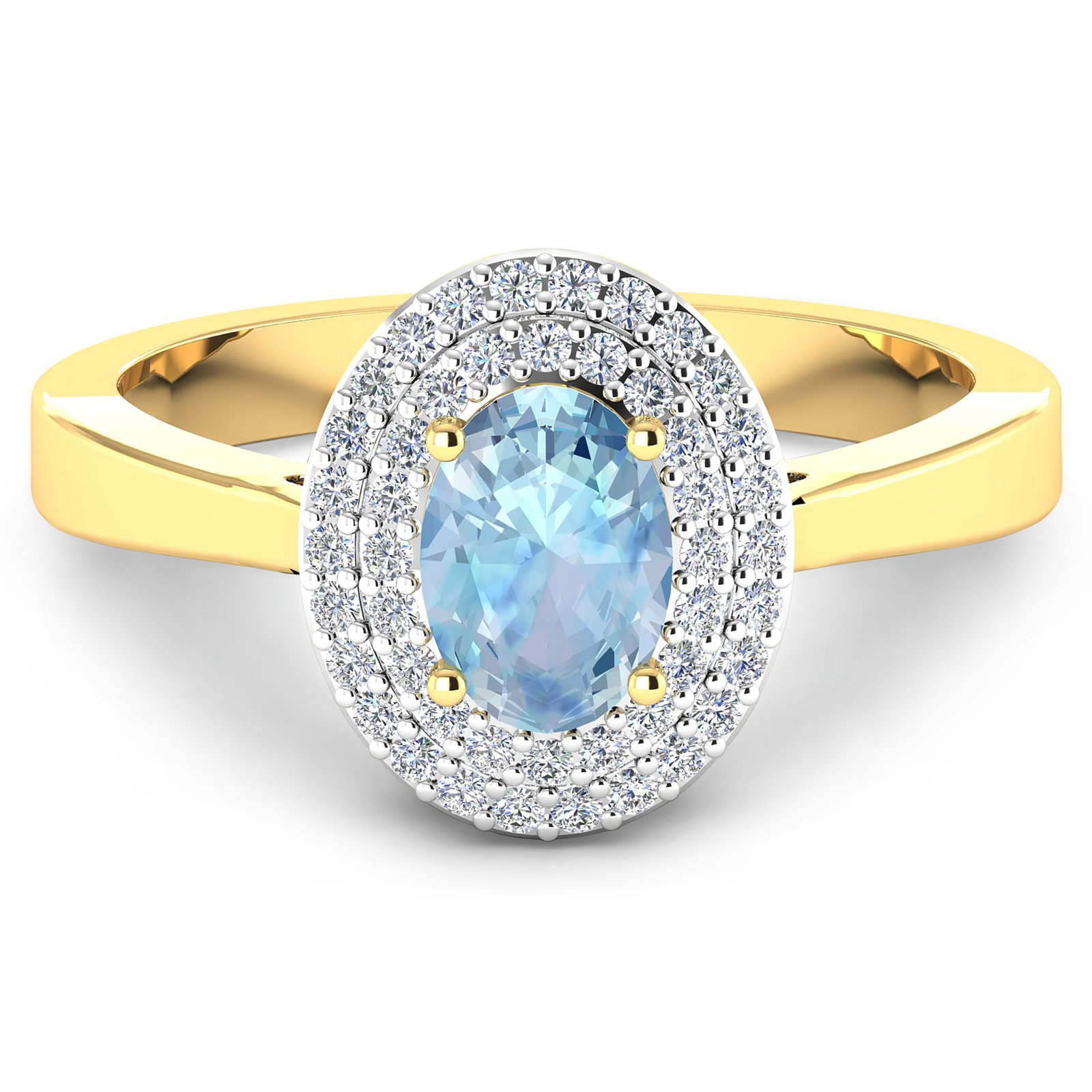 14KT Yellow Gold 0.70ct Aquamarine and Diamond Ring: Aquamarine (AA+) Oval 7x5mm - 1Pc + White Diamond F/C Round 0.90mm - 46Pcs ( White Pan Rhodium ) (I1-I2/I color). Total weight of gemstone is 0.7cts. Total weight of Diamonds is 0.16cts. Total weight 