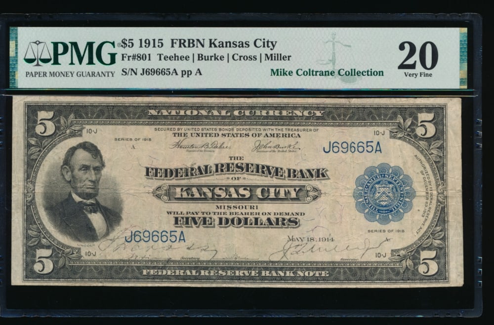 1915 $5 Kansas City Federal Reserve Note PMG 20: One 1915 $5 Kansas City Federal Reserve Note PMG 20.