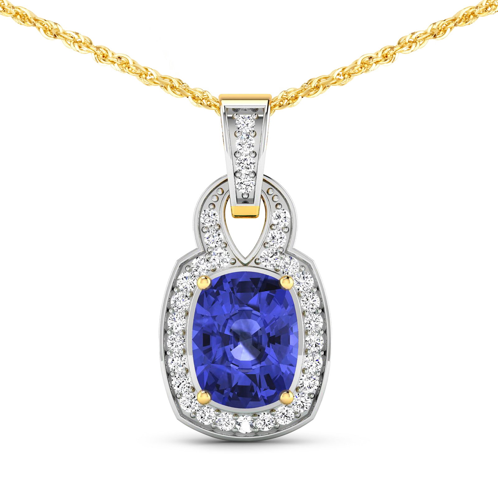 14KT Yellow Gold 2.02ctw Tanzanite and Diamond Pendant: Tanzanite (AA+) Cushion 9x7mm - 1Pc + White Diamond F/C Round 1.20mm - 31Pcs ( White Pan Rhodium ) ( SI2/HI color ) Total weight of gemstone is 2.02cts. Total Diamond weight is 0.25cts. Total weight o