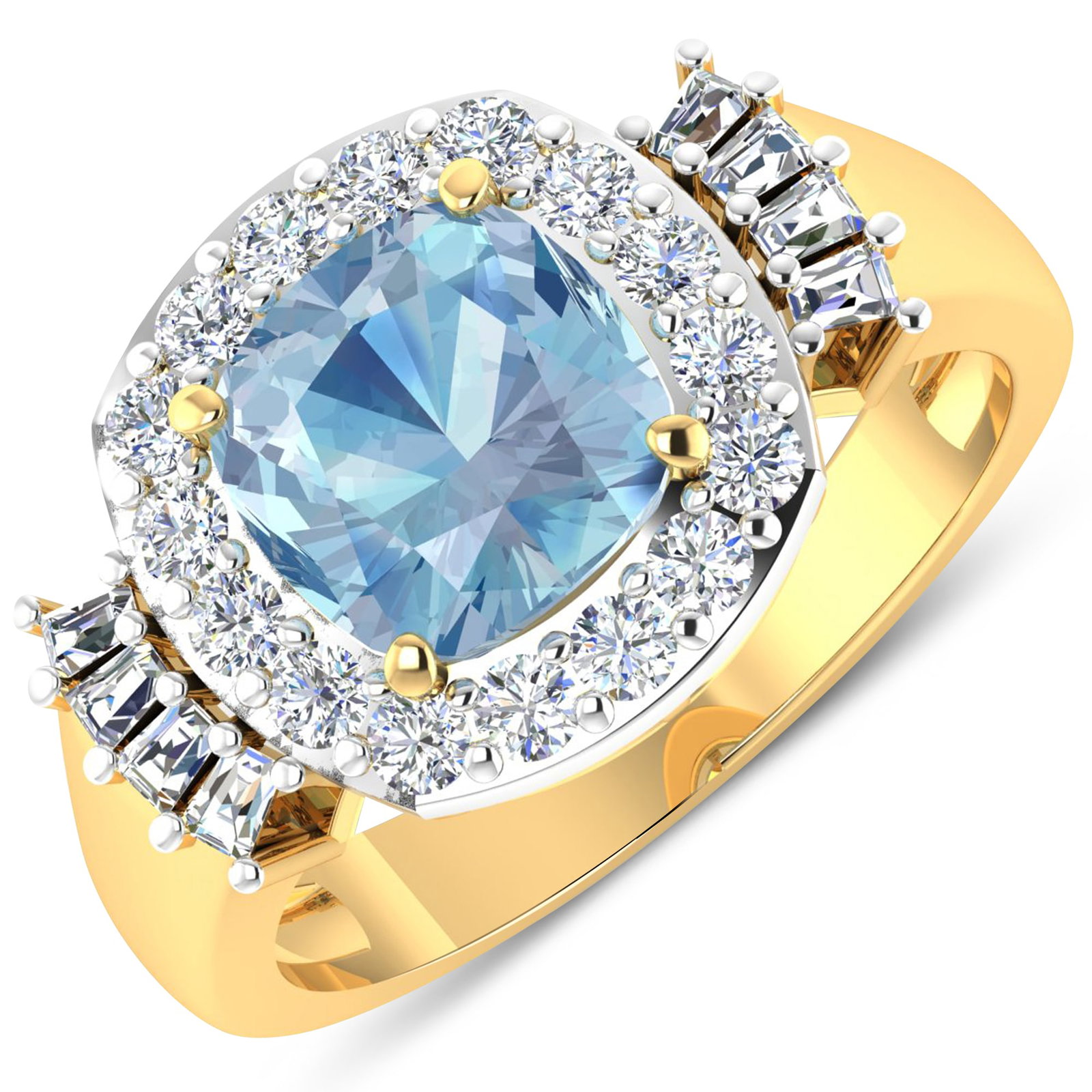 14KT Yellow Gold 1.48ct Aquamarine and Diamond Ring: Aquamarine (AA+) Cushion 8.00mm - 1Pc + White Diamond Tapper Baguette 2.00x1.50x1.10mm - 8Pcs + White Diamond F/C Round 2.00mm - 16Pcs ( White Pan Rhodium ) ( Diamond Quality : SI-2/HI ). Total weight