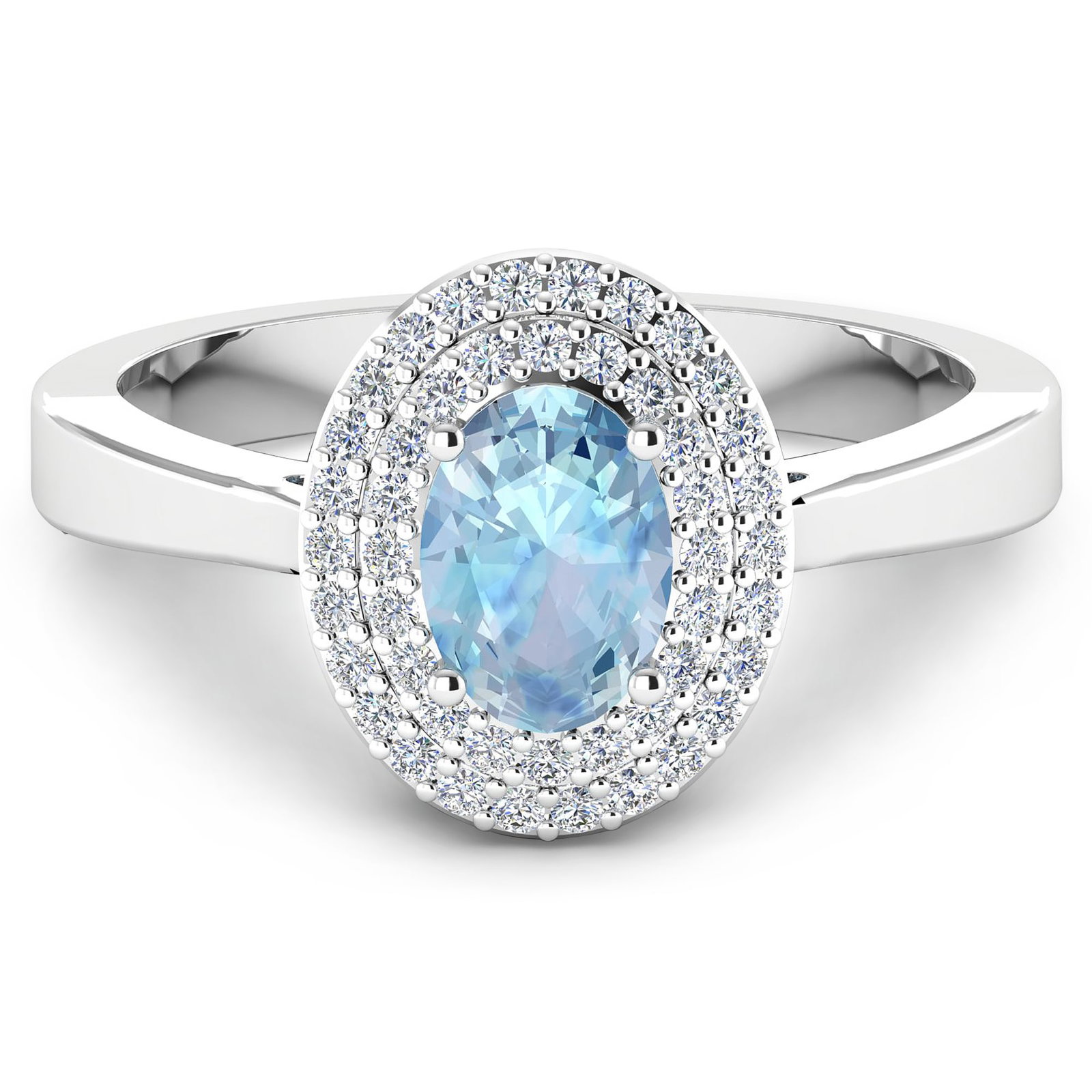 14KT White Gold 0.70ct Aquamarine and Diamond Ring: Aquamarine (AA+) Oval 7x5mm - 1Pc + White Diamond F/C Round 0.90mm - 46Pcs (I1-I2/I color). Total weight of gemstone is 0.7cts. Total weight of Diamonds is 0.16cts. Total weight of this ring is 2.46 g