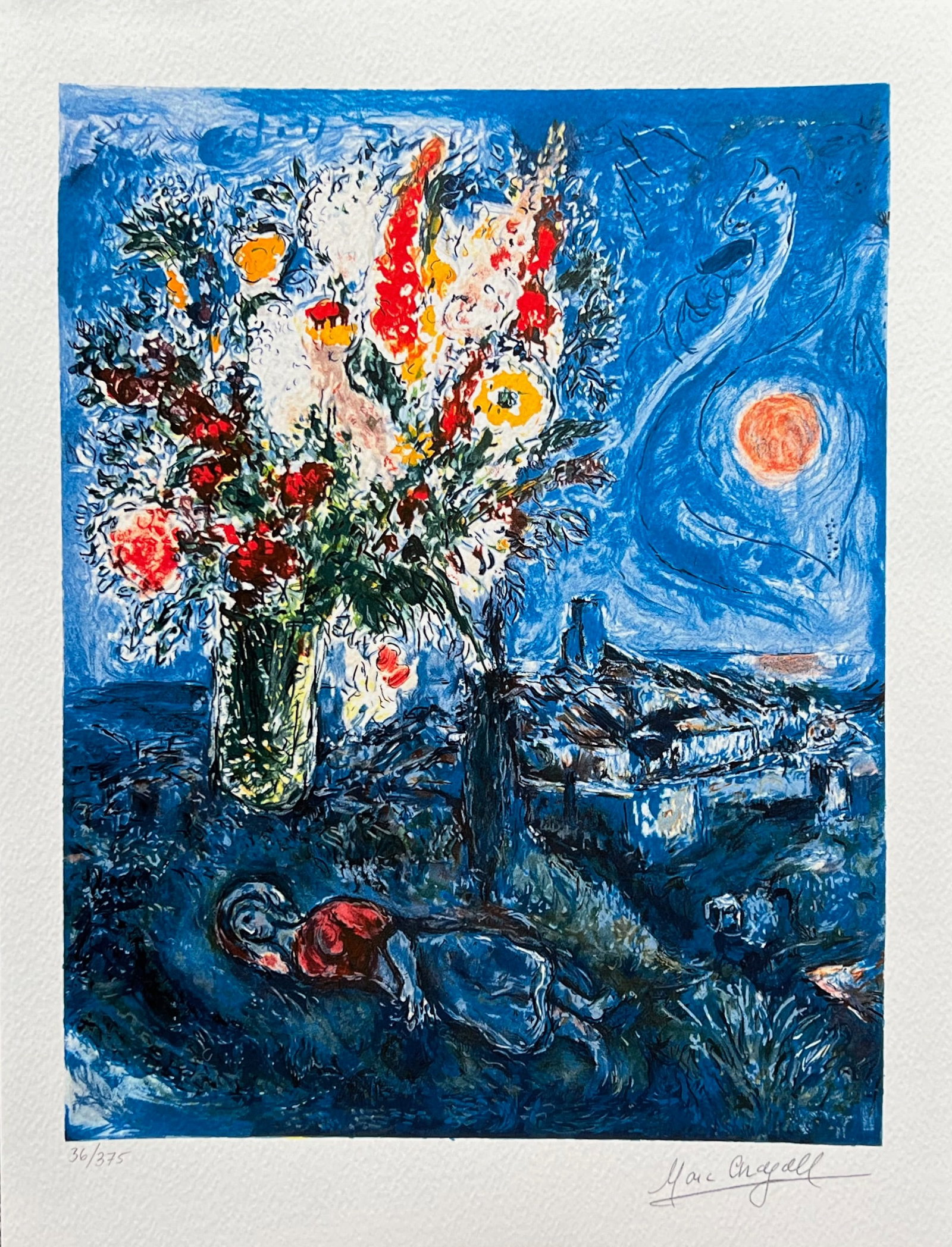 Marc Chagall LA DORMEUSE AUX FLEURS Limited Edition Facsimile Signed Giclee: This is a Marc Chagall limited edition small giclee titled LA DORMEUSE AUX FLEURS. This giclee is facsimile signed on the lower right and is pencil numbered on the lower left from an edition of 375. P