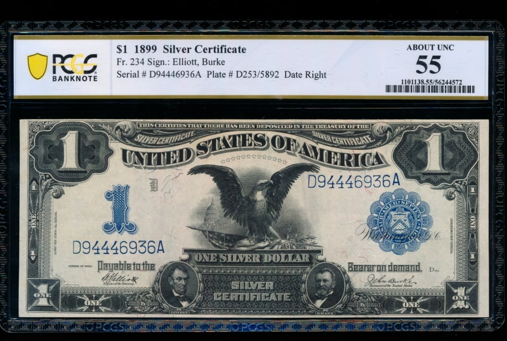1899 $1 Black Eagle Silver Certificate PCGS 55: One 1899 $1 Black Eagle Silver Certificate PCGS 55.