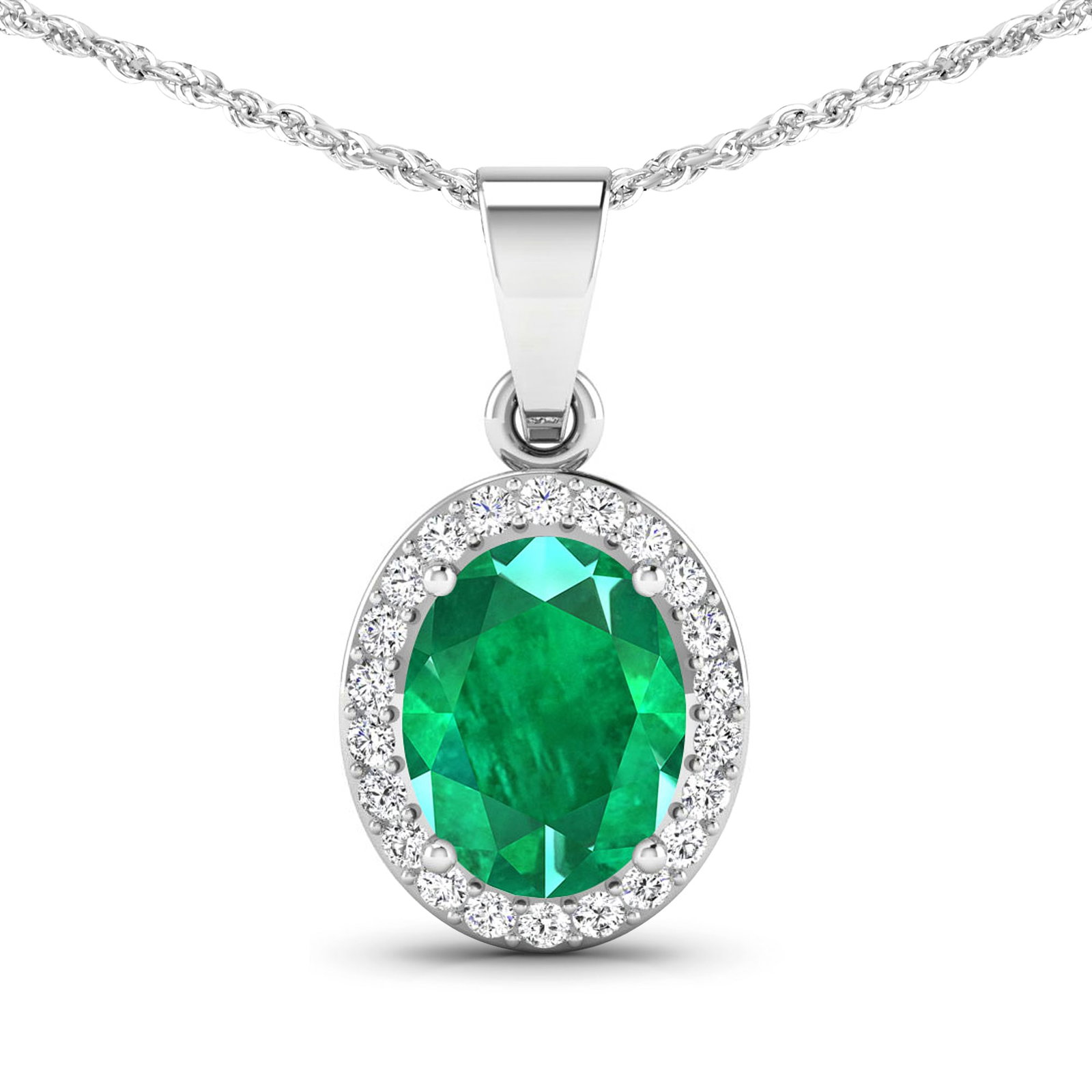 14KT White Gold 1.65ctw Zambian Emerald and Diamond Pendant: Zambian Emerald (AA) Oval 9x7mm - 1Pc + White Diamond F/C Round 1.30mm - 22Pcs (I1-I2/I color) Total weight of gemstone is 1.65cts. Total Diamond weight is 0.22cts. Total weight of this pendant is 1.7