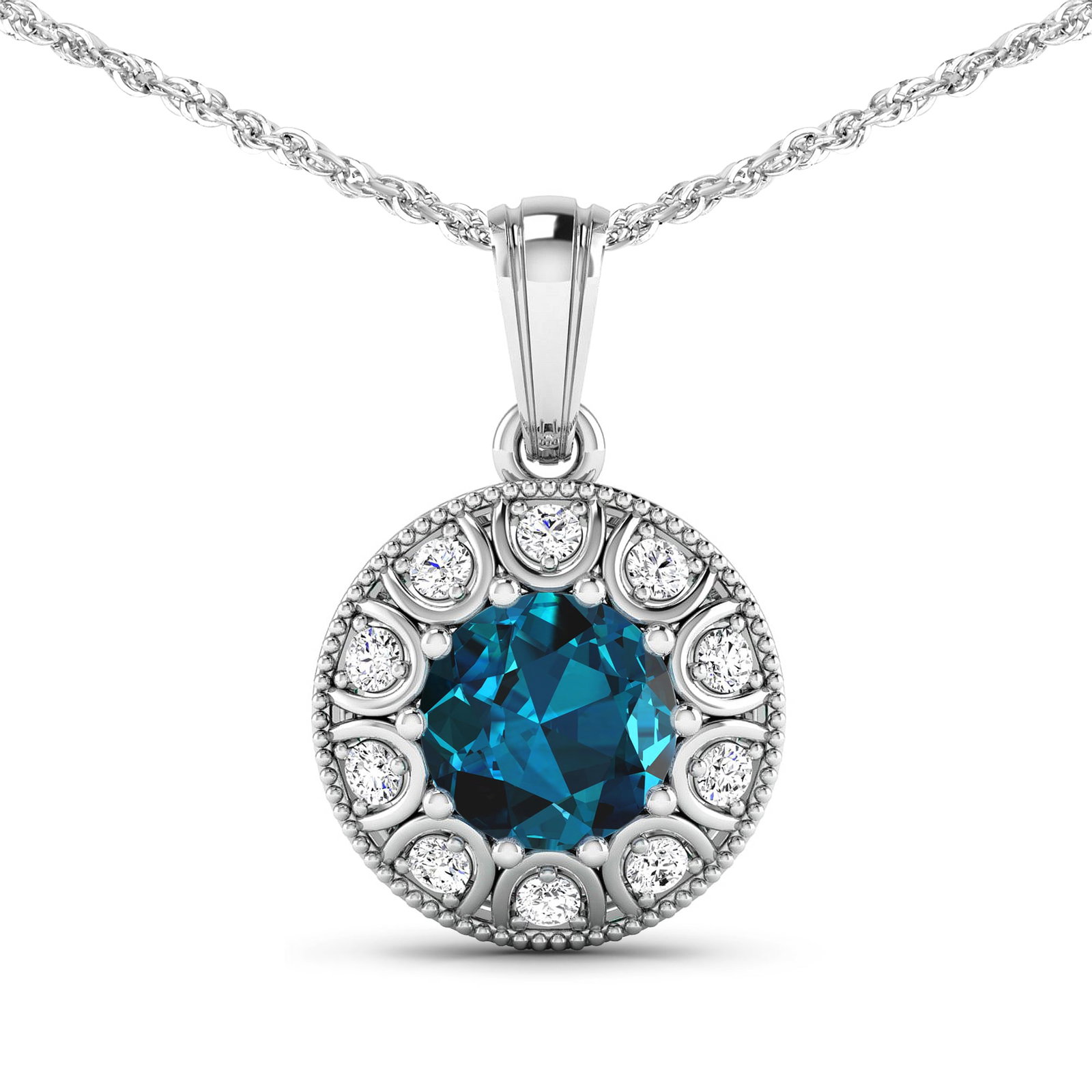 14KT White Gold 2.05ctw London Blue Topaz and Diamond Pendant: London Blue Topaz Round 8.00mm - 1Pc + White Diamond F/C Round 2.00mm - 10Pcs ( SI-2/HI ) Total weight of gemstone is 2.05cts. Total Diamond weight is 0.3cts. Total weight of this pendant is 2.72 gram
