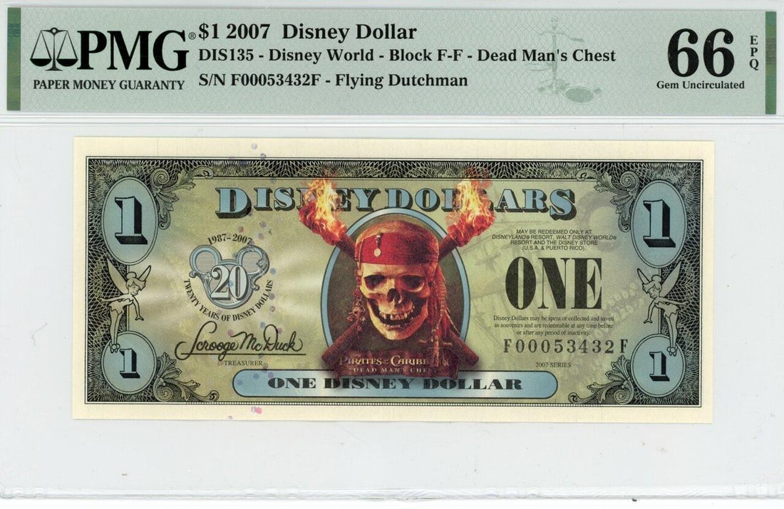 2007 $1 Dead Mans Chest Disney Dollar PMG 66EPQ (1 of 2)