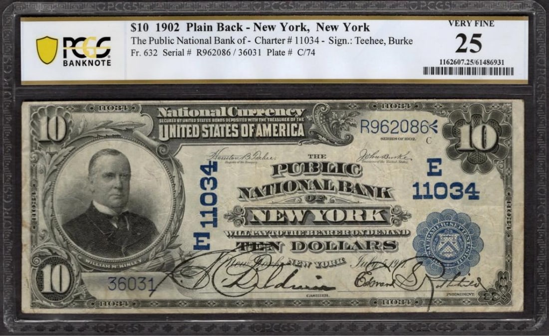 1902 $10 New York NY National PMG 25: One 1902 $10 New York NY National PMG 25.