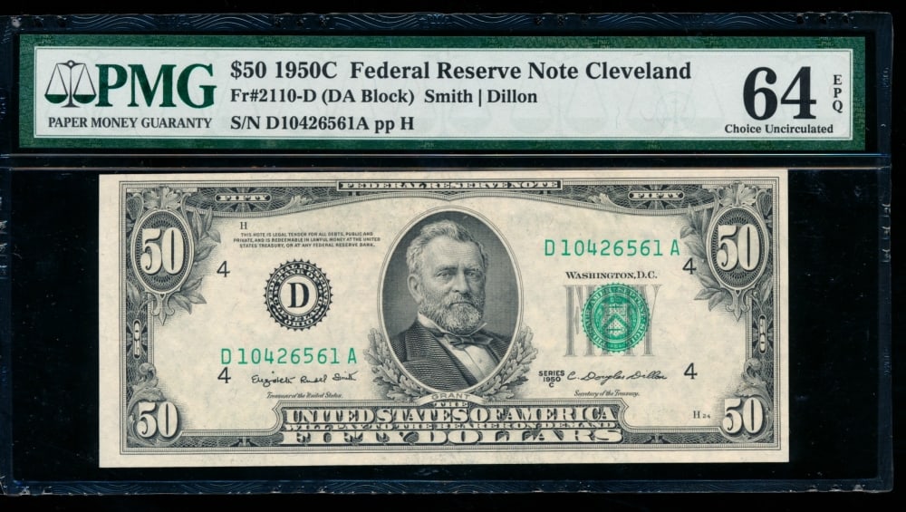 1950C $50 Cleveland FRN PMG 64EPQ: One 1950C $50 Cleveland FRN PMG 64EPQ.