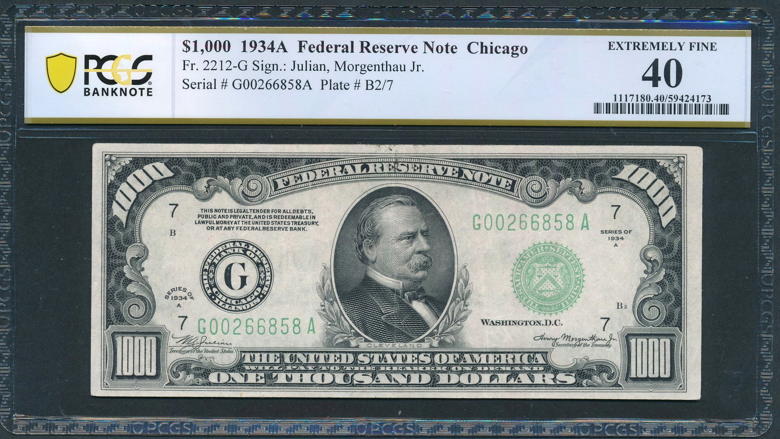 1934A $1000 Chicago FRN PCGS 40: One 1934A $1000 Chicago FRN PCGS 40.