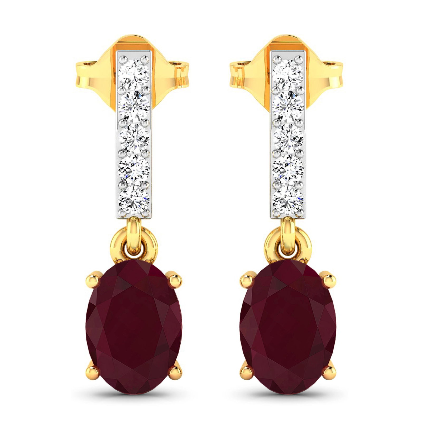 14KT Yellow Gold 1.7ctw Ruby and Diamond Earrings: Ruby (AA) Oval 7x5mm - 2Pcs + White Diamond F/C Round 1.50mm - 10Pcs ( Push-Post ) ( White Pan Rhodium ) ( I1-I2/I color ) Total weight of gemstones is 1.7cts. Total Diamond weight is 0.14cts. Total w