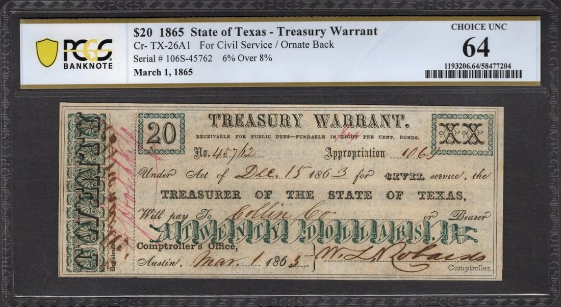 1865 $20 State of Texas Treasury Warrant PCGS 64 (1 of 2)
