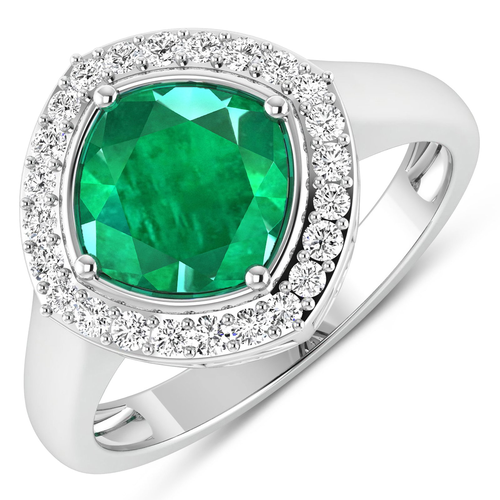14KT White Gold 2.07ctw Zambian Emerald and Diamond Ring: Zambian Emerald (AA) Cushion 8.00mm - 1Pc + White Diamond F/C Round 1.30mm - 24Pcs ( SI-2/HI ) Total weight of gemstone is 2.07cts. Total Diamond weight is 0.24cts. Total weight of this ring is 3.31 g